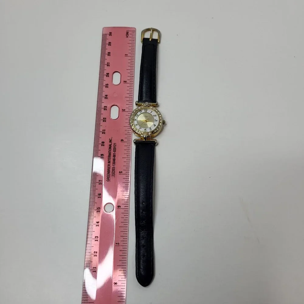 LA Express Watch Women Gold Stainless Steel Batt Black Leather‎ Band Quartz